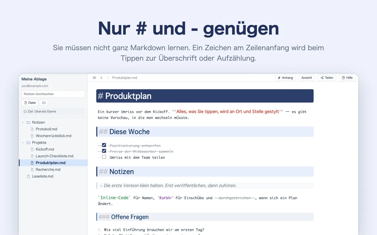 Nur # und - genügen — Sie müssen nicht ganz Markdown lernen. Ein Zeichen am Zeilenanfang wird beim Tippen zur Überschrift oder Aufzählung.