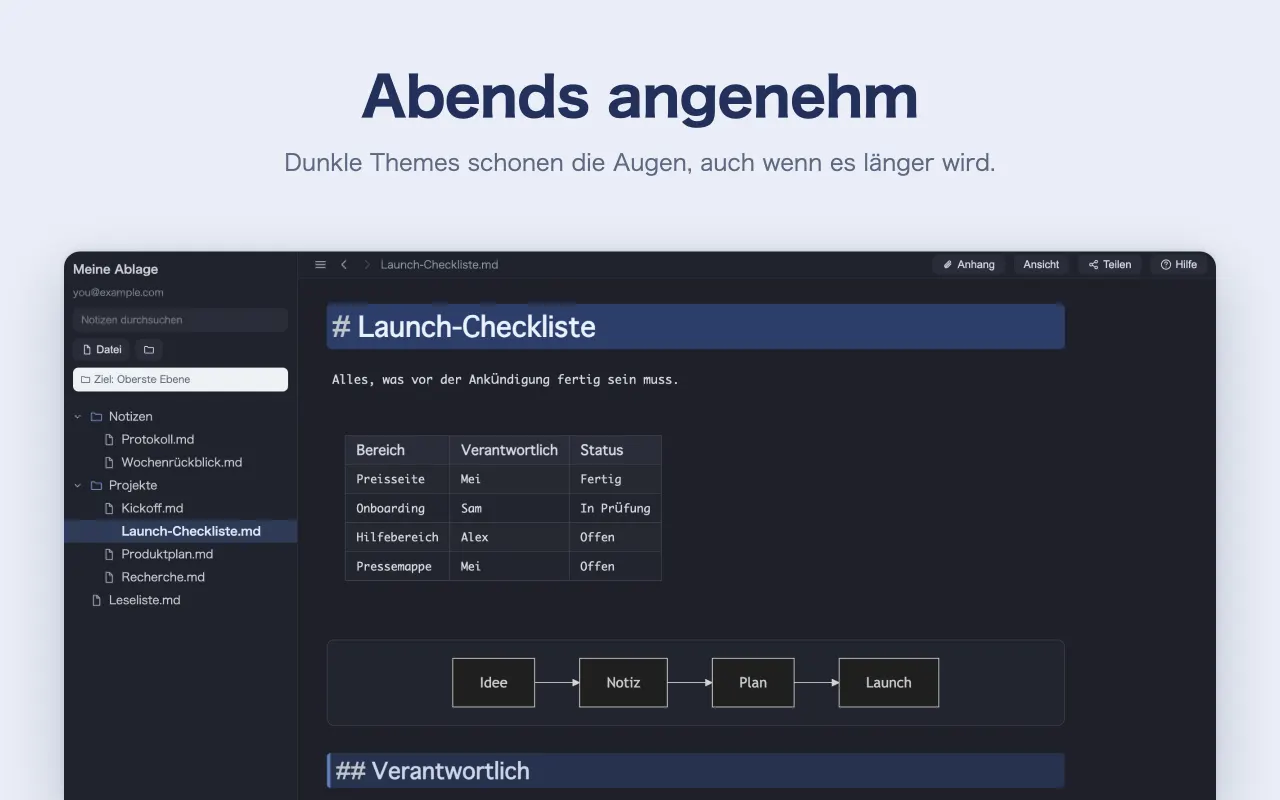 Abends angenehm — Dunkle Themes schonen die Augen, auch wenn es länger wird.