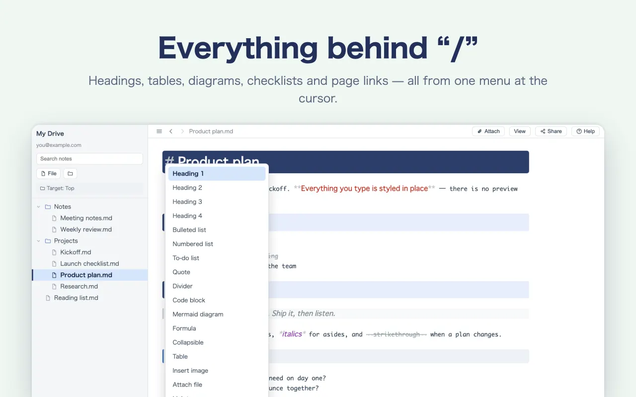 Everything behind “/” — Headings, tables, diagrams, checklists and page links — all from one menu at the cursor.