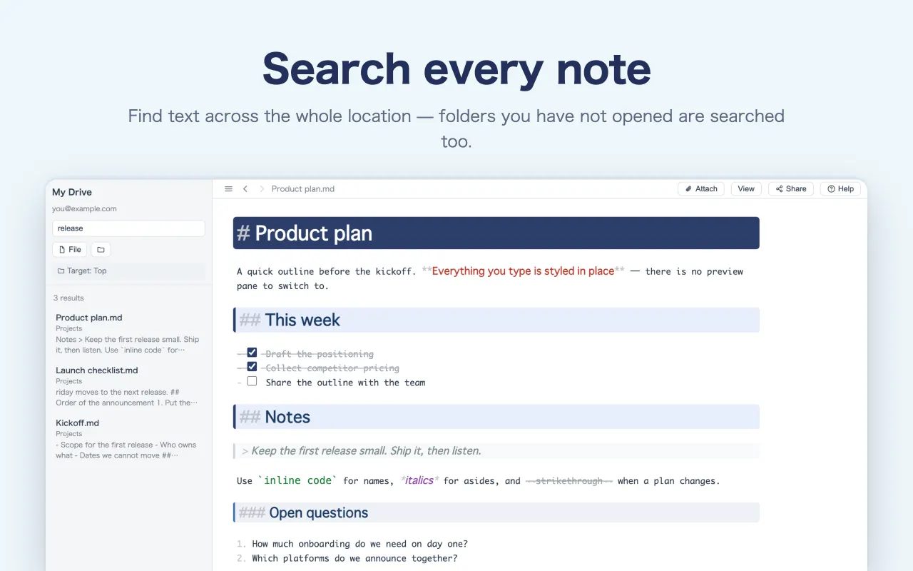 Search every note — Find text across the whole location — folders you have not opened are searched too.