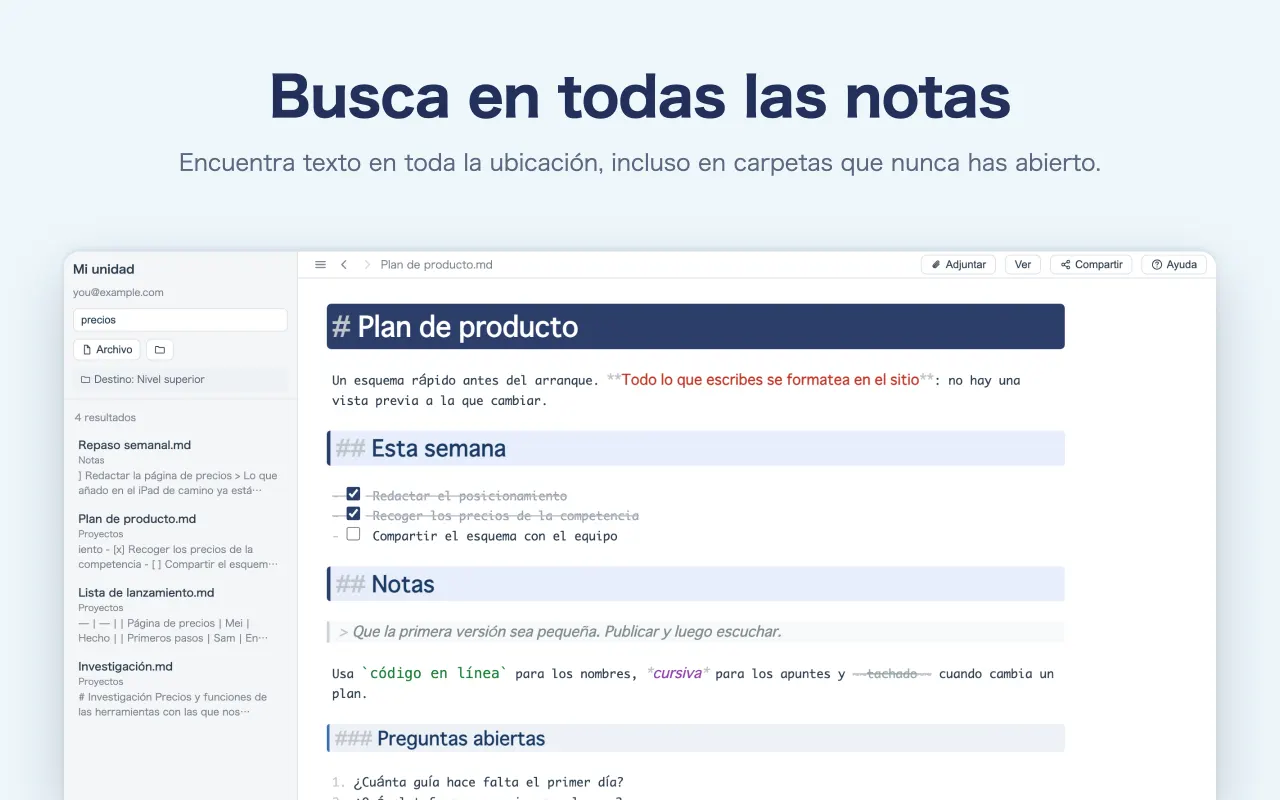 Busca en todas las notas — Encuentra texto en toda la ubicación, incluso en carpetas que nunca has abierto.