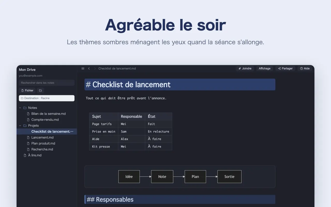 Agréable le soir — Les thèmes sombres ménagent les yeux quand la séance s'allonge.