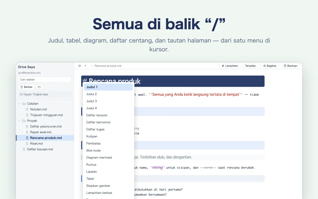 Semua di balik “/” — Judul, tabel, diagram, daftar centang, dan tautan halaman — dari satu menu di kursor.