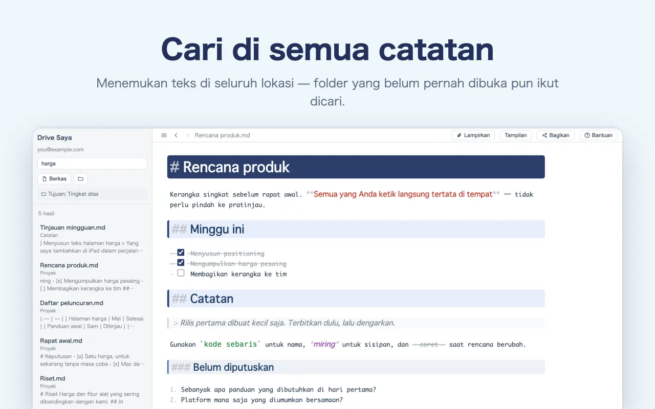 Cari di semua catatan — Menemukan teks di seluruh lokasi — folder yang belum pernah dibuka pun ikut dicari.