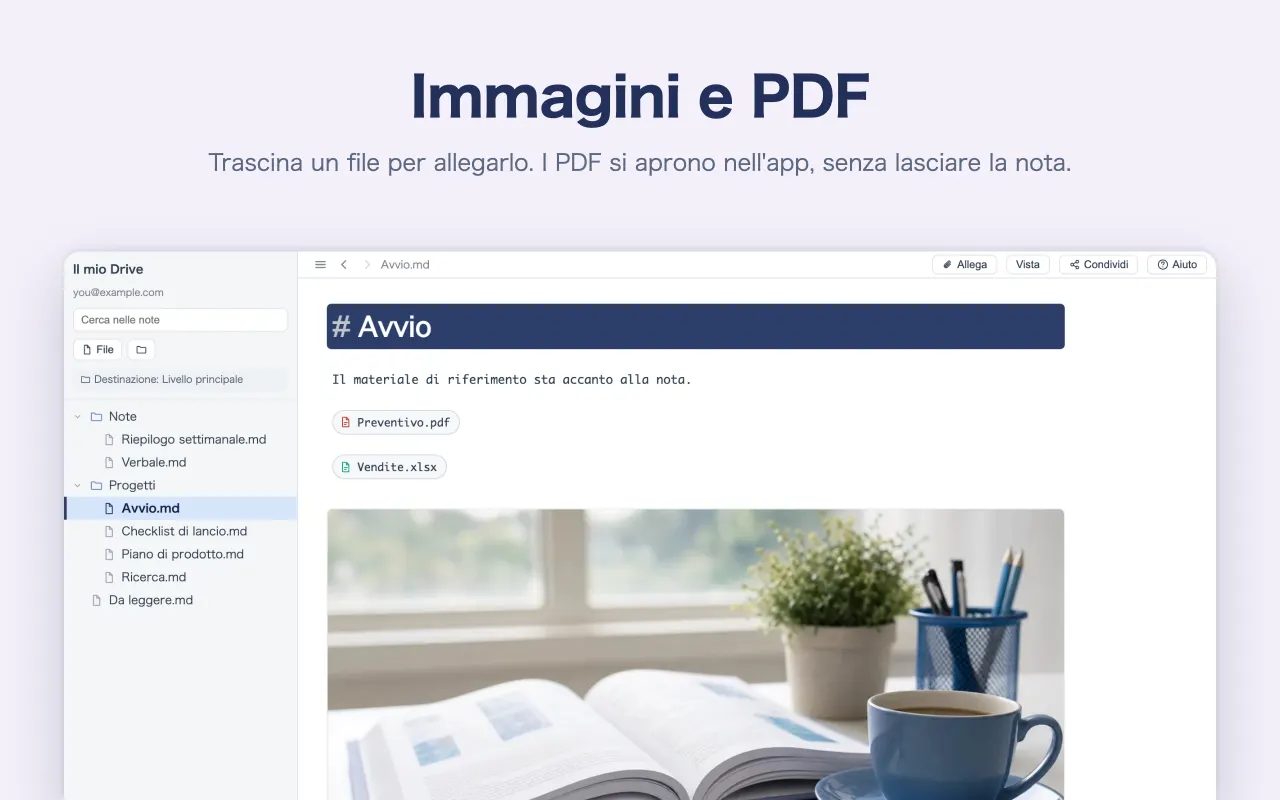 Immagini e PDF — Trascina un file per allegarlo. I PDF si aprono nell'app, senza lasciare la nota.