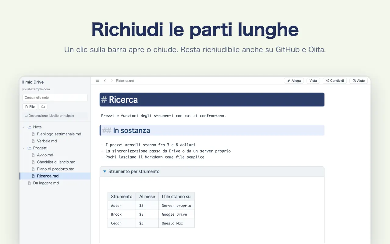 Richiudi le parti lunghe — Un clic sulla barra apre o chiude. Resta richiudibile anche su GitHub e Qiita.