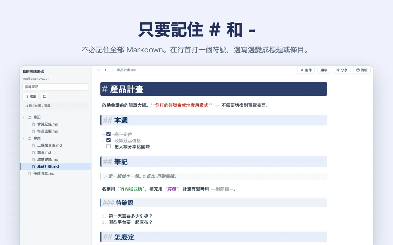只要記住 # 和 - — 不必記住全部 Markdown。在行首打一個符號，邊寫邊變成標題或條目。
